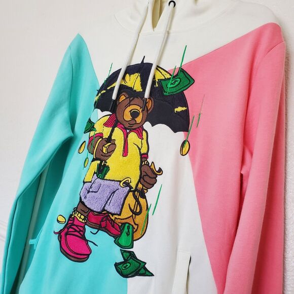 CivilizeD Bear Colorblock Hoodie Sweatshirt Streetwear Raining Money Hip Hop S - Picture 7 of 16